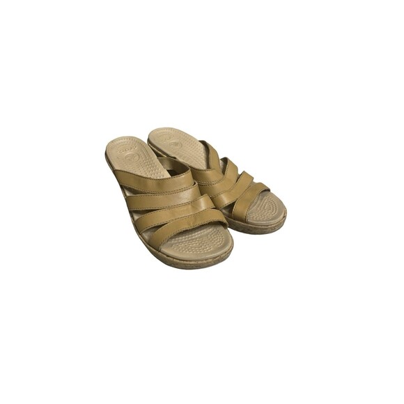CROCS A Leigh Slip On Leather Tan Camel Brown Strappy Cork Wedge Sandals size 7 - Picture 1 of 9